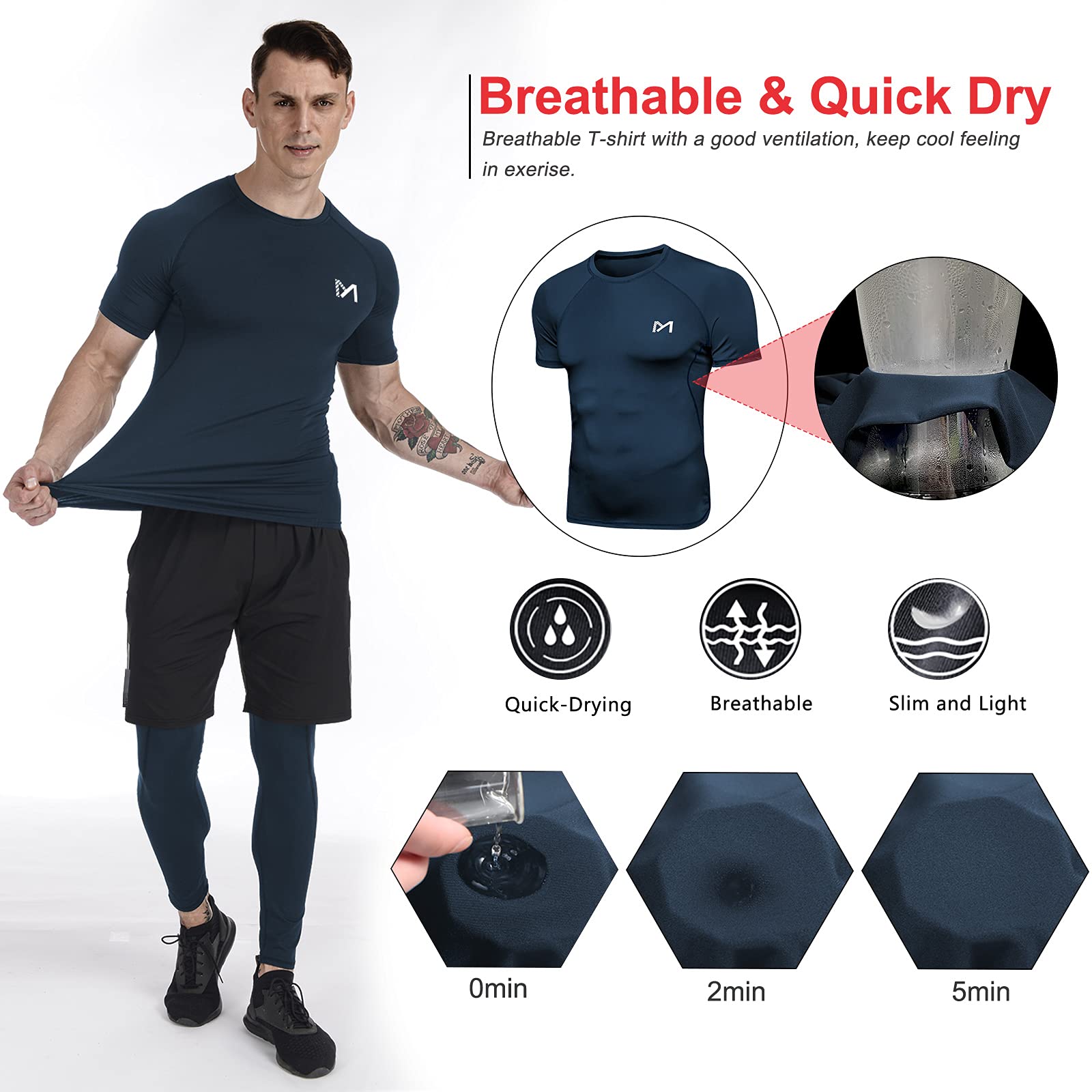 MEETYOO Maglietta a Compressione da Uomo,Leggings Sportivi,Pantaloni da Corsa,Maglietta Funzionale da Uomo,Pantaloni a Compressione,Abbigliamento Funzionale per Corsa,Palestra,Fitness