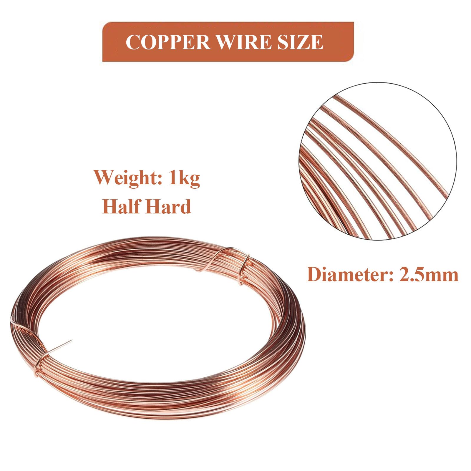 WSYCWG Half Hard Copper Wire, T2 Copper Wire Weight 1Kg Diameter 2-5Mm Suitable for Science Projects and Industrial Applications,Diameter 2.5mm