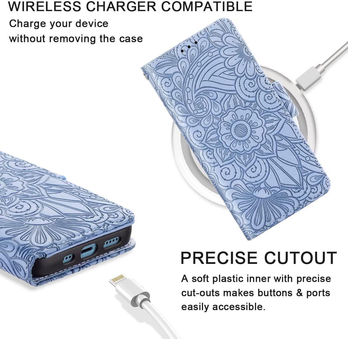 Petocase for iPhone 13 Pro Wallet Case,Embossed Mandala Floral Leather Folio Flip Wristlet Shockproof Protective ID Credit Card Slots Holder Cover for iPhone 13 Pro 6.1 Blue
