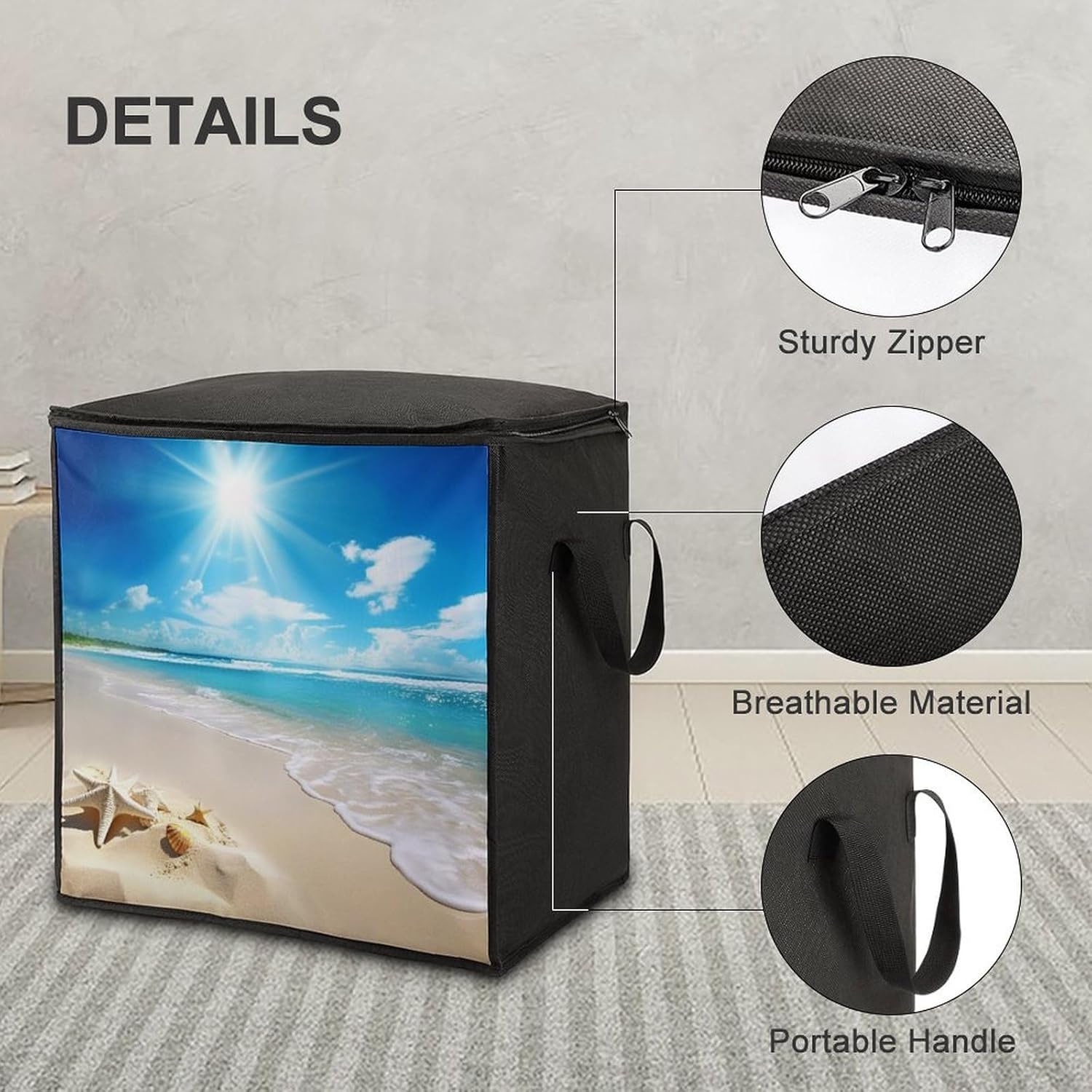 Quilt Storage Bag,Summer Beach Printed Large Foldable Storage Container Portable Travel Storage Bag for Blankets, Quilts, Clothes, Comforter, Bedding And Pillows