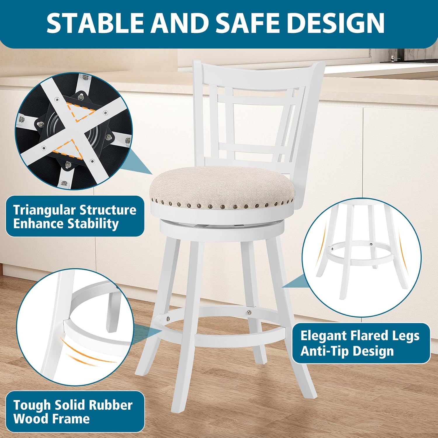 PrimeZone Swivel Bar Stools Set of 6-24" Counter Height Barstools with Backs, Upholstered Bar Stool with Solid Wood Footrest & Nailhead Trim, Modern Counter Stools for Kitchen Island & Pub, White