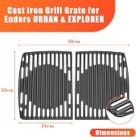 Grilaj de gătit din fontă Denmay 32x48 cm pentru grătar pe gaz Enders Urban, Urban Pro, Explorer, Explorer Pro, 2 bucăți, nu este compatibil cu modelele Urban II sau Explorer II 2