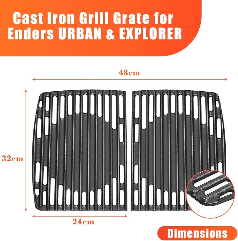 Grilaj de gătit din fontă Denmay 32x48 cm pentru grătar pe gaz Enders Urban, Urban Pro, Explorer, Explorer Pro, 2 bucăți, nu este compatibil cu modelele Urban II sau Explorer II