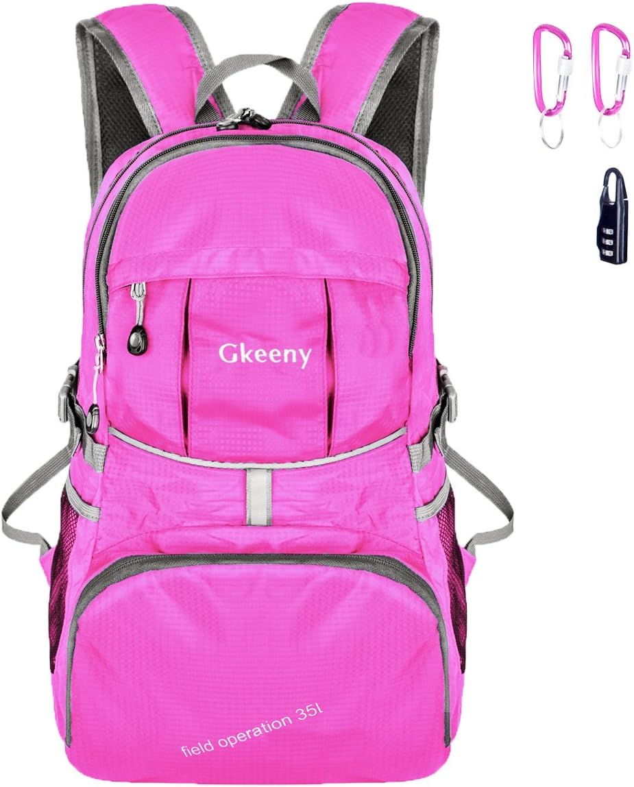 Gkeeny Lightweight Foldable Backpack 35L Ultralight Water Resistant Travel Hiking Camping Outdoor Rucksack Daypack (Pink)