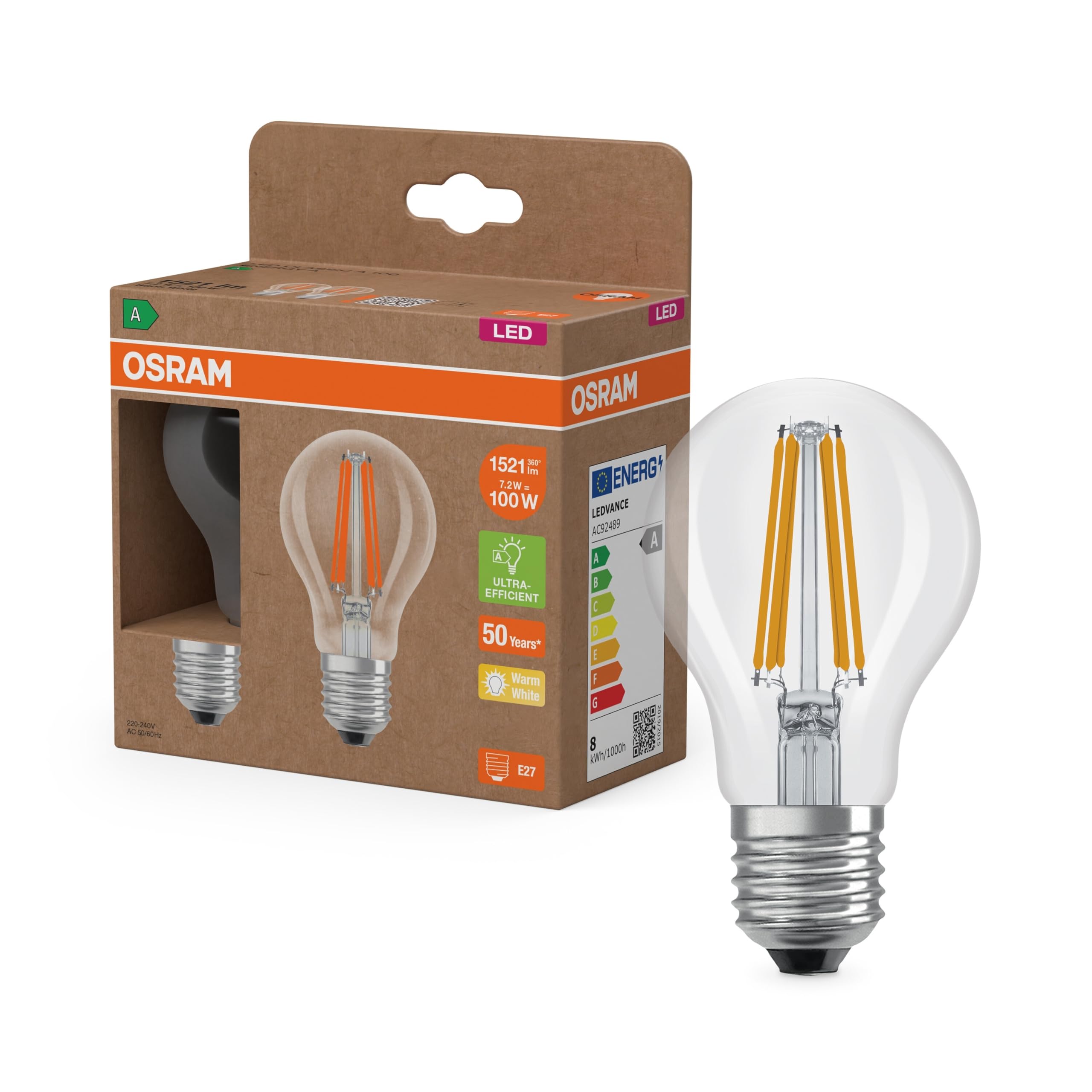 Osram LED Superstar Classic LED Lamp A 100 in Classic Bulb Shape, Clear Glass Body, 7.2 W, 1521 lm, E27 Socket, Warm White Light with 2700 K, Energy Efficiency, 60 mm Diameter, Pack of 2