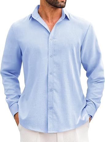LETSEE Men's Linen Shirts Long Sleeve Untucked Casual Button Down Shirt for Men Business Dress Clothes Fashion Beach Tops