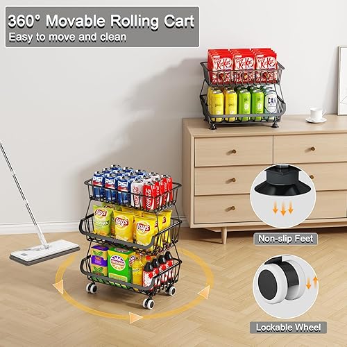 Miniatura 24 de Organizador de piso de despensa rodante de 3 niveles, carrito de almacenamiento apilable con ruedas, cestas de alambre de metal, soporte de cesta de