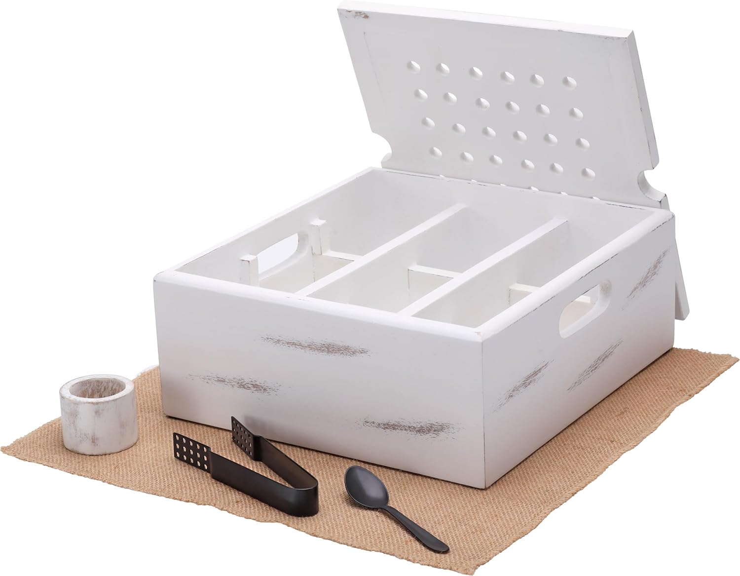 Wooden Tea Bag Organizer | Farmhouse Finish | 9-Compartment Storage | Countertop | Accessories: Tea Bag Squeezer, Natural Jute Placemat, Tea Spoon, Wooden Napkin Ring
