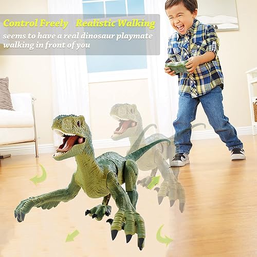 Miniatura 9 de Juguetes de dinosaurio con control remoto para niños mayores de 3 años, juguete de dinosaurio robot caminante con velociraptor de simulación de luz
