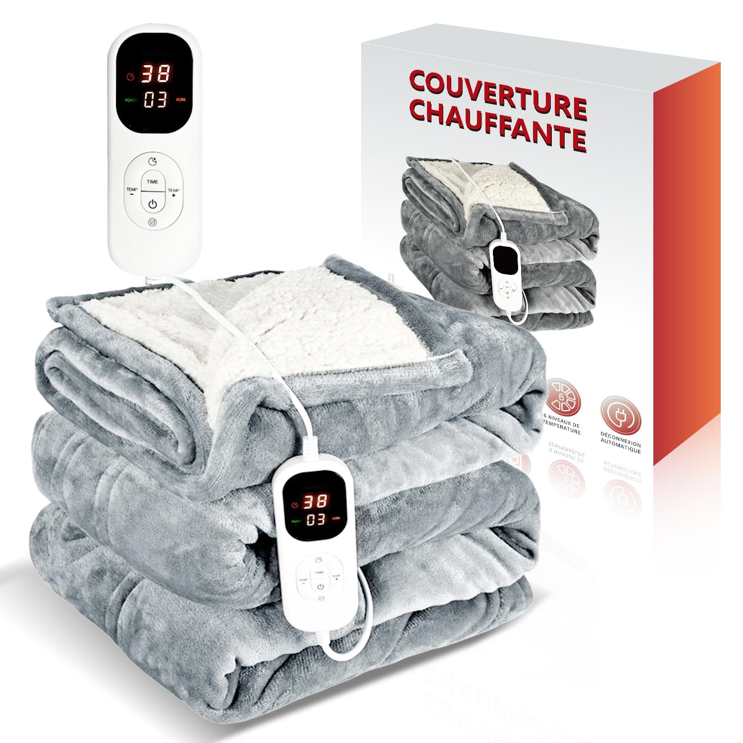 Double-sided electric blanket 180 × 130 cm, flannel and plush, 6 temperature levels, timer 1–10 h, sleep mode and anti-mite, fast heating, washable