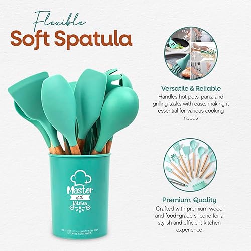 Miniatura 7 de Juego de cocina de silicona, juego de 12 utensilios de cocina, mango de madera, almacenamiento de cubos, resistencia a altas temperaturas, sin