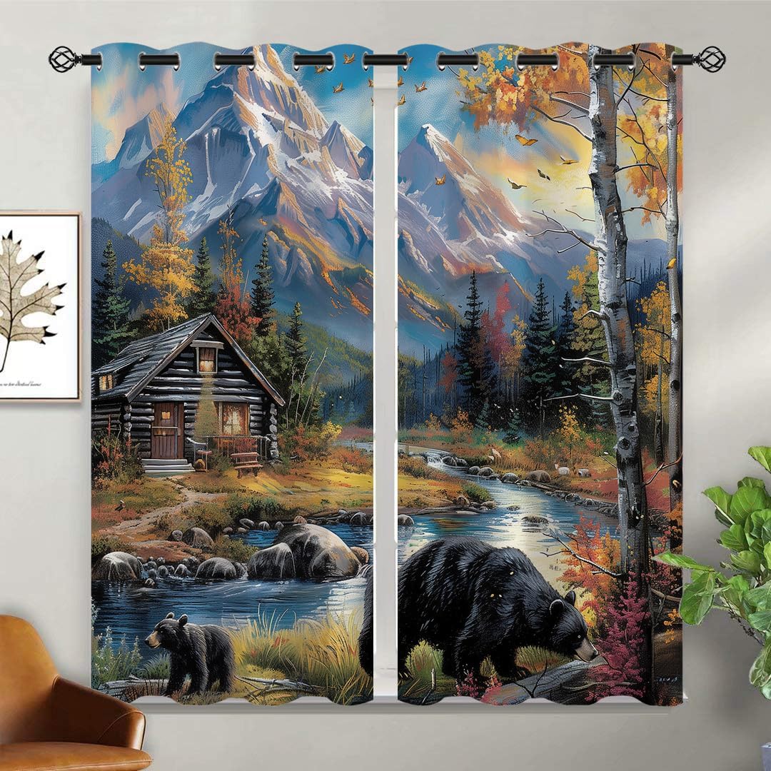 Rustic Forest Cabin Blackout Curtains for Girls Boy Home Decor, Country Farmhouse Bear Grommet Thermal Insulated Drapes Darkening Window Curtain for Bedroom Living Room, 42 x 45 Inch