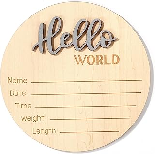 NQEUEPN Newborn Announcement Sign, 5.9in Wooden Hello World Baby Welcome Sign Birth Plaques for Newborn Girls Boys Photo Props Baby Shower Hospital Nursery(Grey)