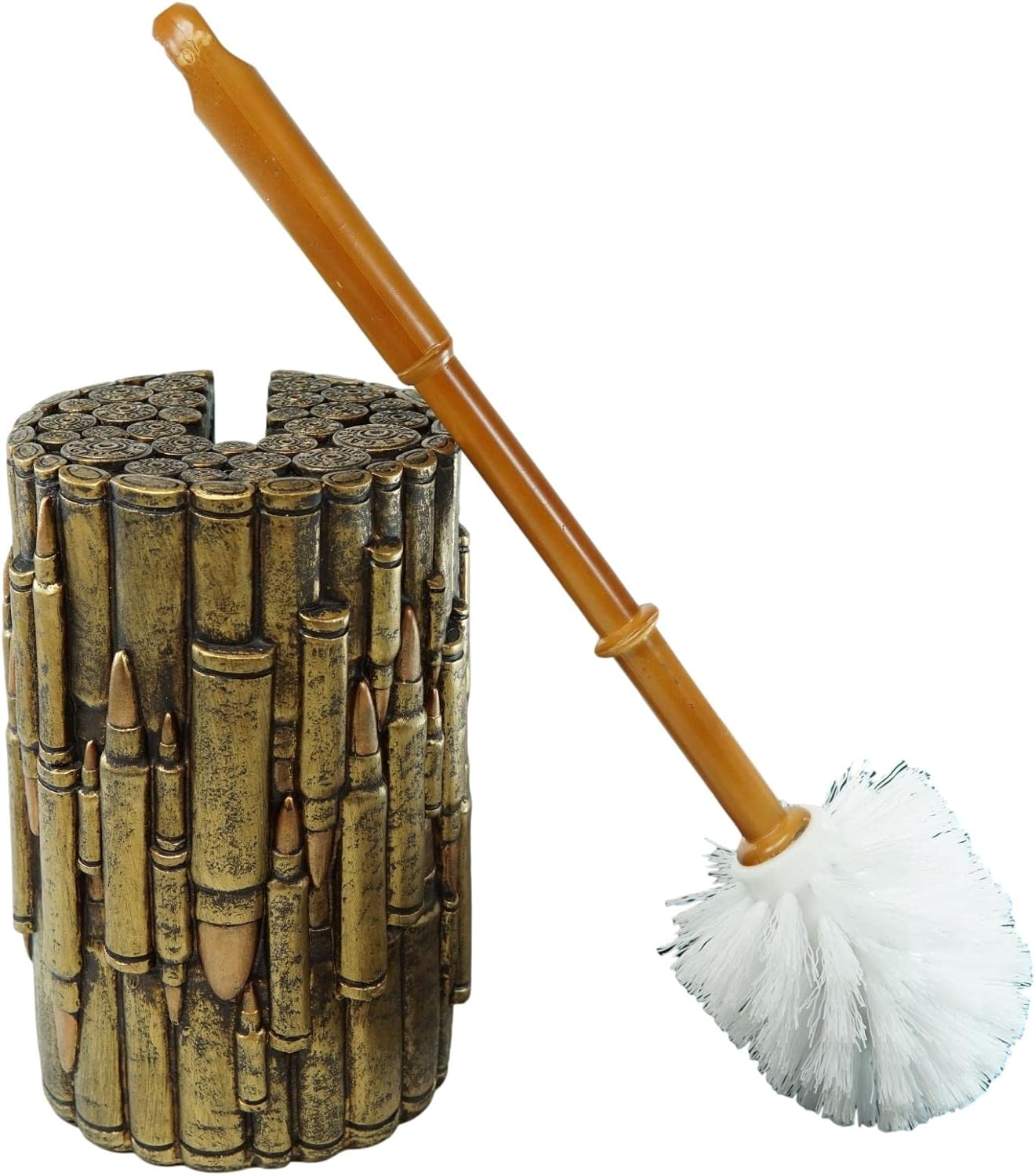 Ebros Gift Rustic Western Military Style Spherical Rifle Ammo Rounds Shells Gold Tone Bullets Bathroom Accessory (Toilet Brush and Sanitary Holder Set)
