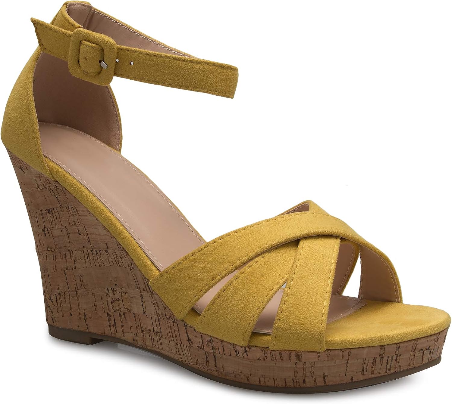 Olivia K Women's Open Toe T-Straps Strappy High Wedge Heel Wood Decoration Buckle Shoes Sandals