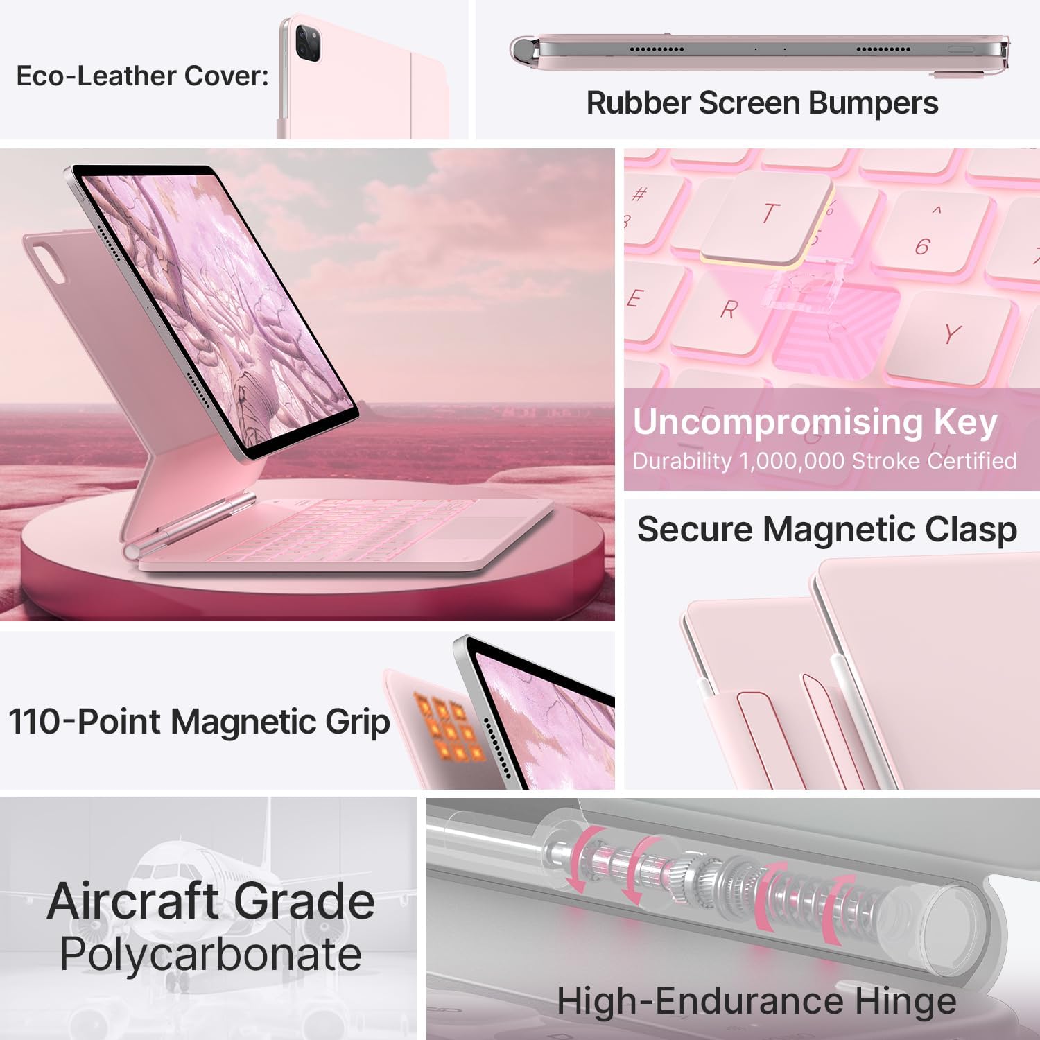 typecase Keyboard Case for iPad Air 13(M3 2025 / M2 2024) and iPad Pro 12.9 (6th, 5th, 4th, 3rd Gen),Magic Keyboard, Magnetic Keyboard Case with Multi-Touch Trackpad,11 Colors Backlight,Light Pink