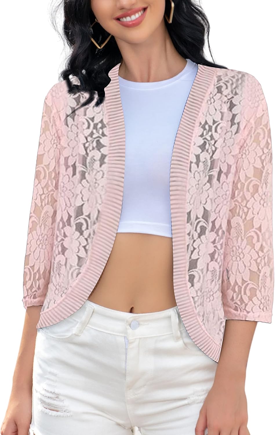 FindThy Women's Floral Lace Shrug Cardigan 3/4 Sleeve Crochet Bolero Jacket