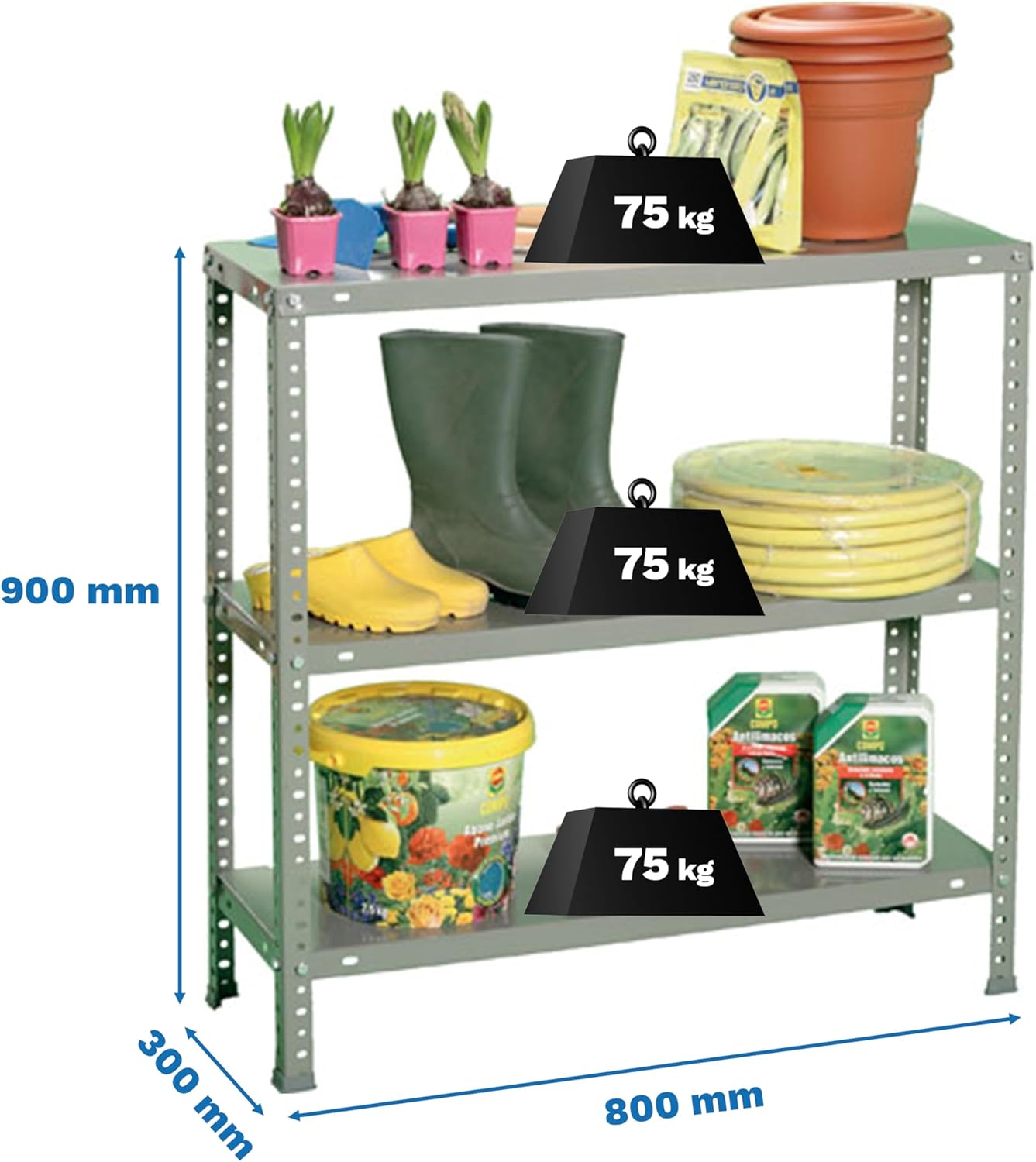 SimonRack Metal Shelf 3 Adjustable Shelves, 75 kg Flex Point, 900 x 800 x 300 mm, With Screws, Storage Shelf, Grey - Advantage