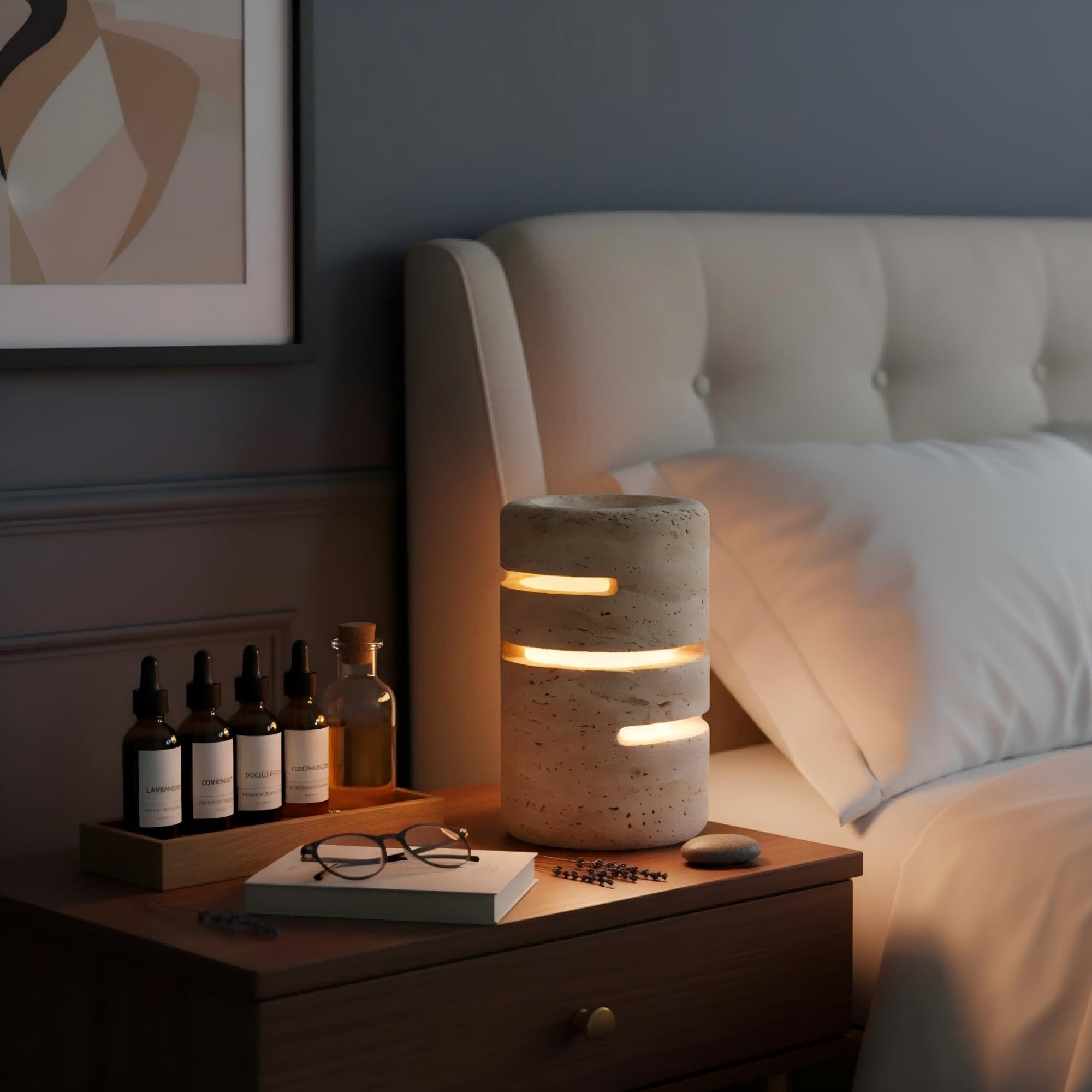 Marmor Nachttischlampe Dimmbar aus Travertin,Wiederaufladbare LED Tischleuchte,Steinlampe Rechargeable Lamp, Ambiente Lampe
