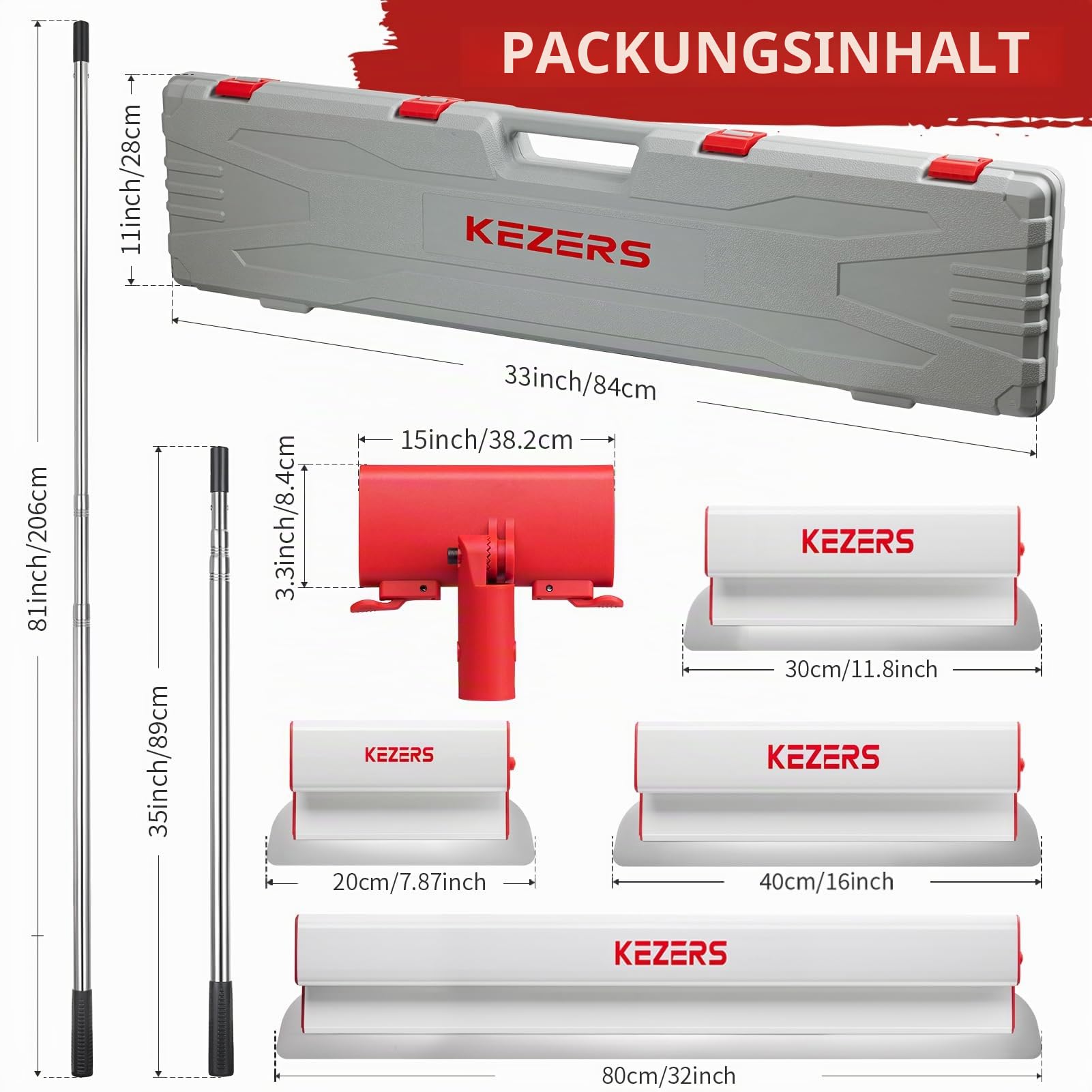 KEZERS Flächenspachtel Set, 20 cm, 30 cm, 40 cm & 80 cm Edelstahlklinge Spachtel Werkzeug mit Teleskopstange und Adapter, Spachtel Set mit Koffer für große Arbeitsbereich Wand Dekoration Bau