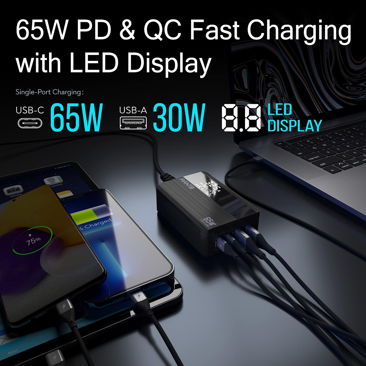 USB C Charger, MANTO 65W USB C Charger with LED Display, Super Fast Charger with Dual USB C+ Dual USB A, PPS USB C Charging Station Compatible with MacBook Pro/Air, Laptops, iPad, iPhone and More