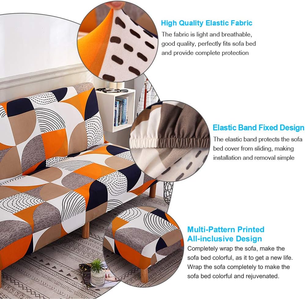 MIFXIN Stretch Futon Cover Armless Sofa Slipcover Elastic Spandex Folding Sofa Bed Couch Cover Printed Washable Furniture Protector for Sofa Without Armrest (Orange Geometry)