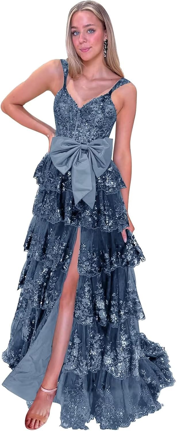 SoDigne Tiered Long Tulle Prom Dress for Women Bow Backless Lace Applique Formal Evening Gown with Slit