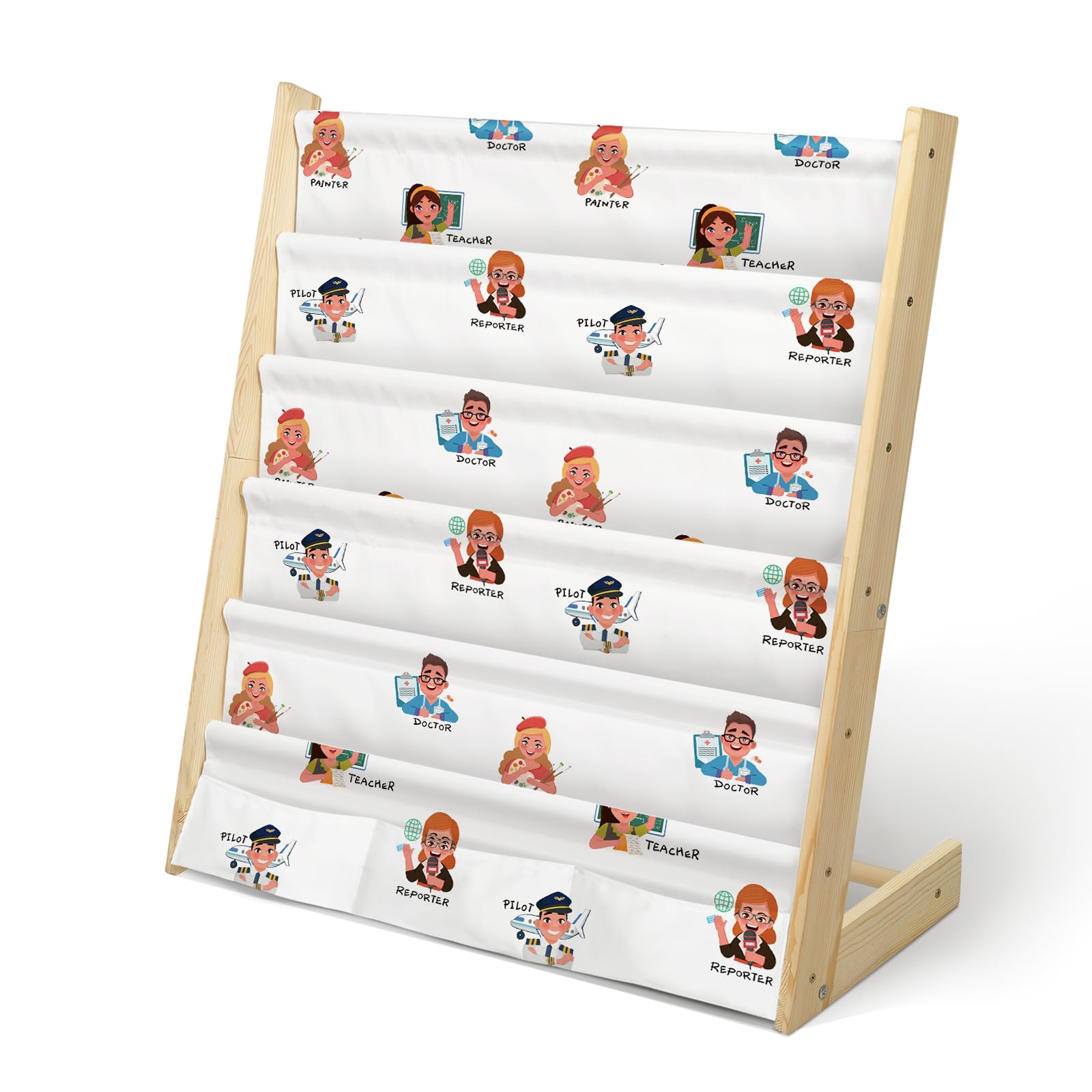 wooshwa Estanteria Libros Infantil, Librería Montessori Infantil con 5 Capas, 3 Bolsillos con Mangas Profundas, Madera, 63 * 30 * 73cm (Profesionales)