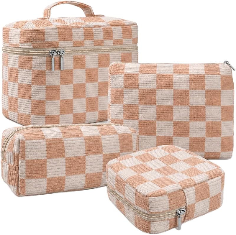 Conjunto LVWNM com 4 necessaires de veludo cotelê, fechamento com zíper, 11-OrangeGrid