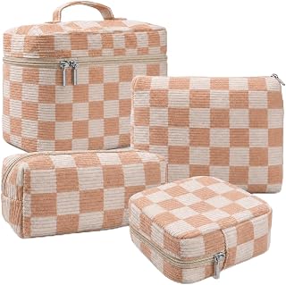 4Pcs Makeup Bag Set for Women Corduroy Cosmetic Bag (11-OrangeGrid) | 4 Multi-Size Aesthetic Cute Purse Pouches for Makeup, Skincare, Brushes, Travel Toiletry Organizer with Zipper
