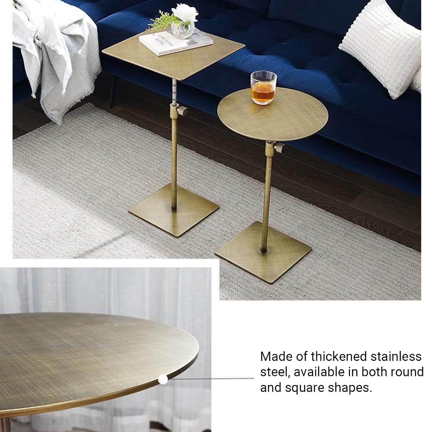 Stainless Steel Adjustable Height Round/Square Side Table,Rust Scratch Resistant Dining Table for Living Room,Bar,Cafe,Restaurant,Pub(Silver-Square,35cm/13.7in)