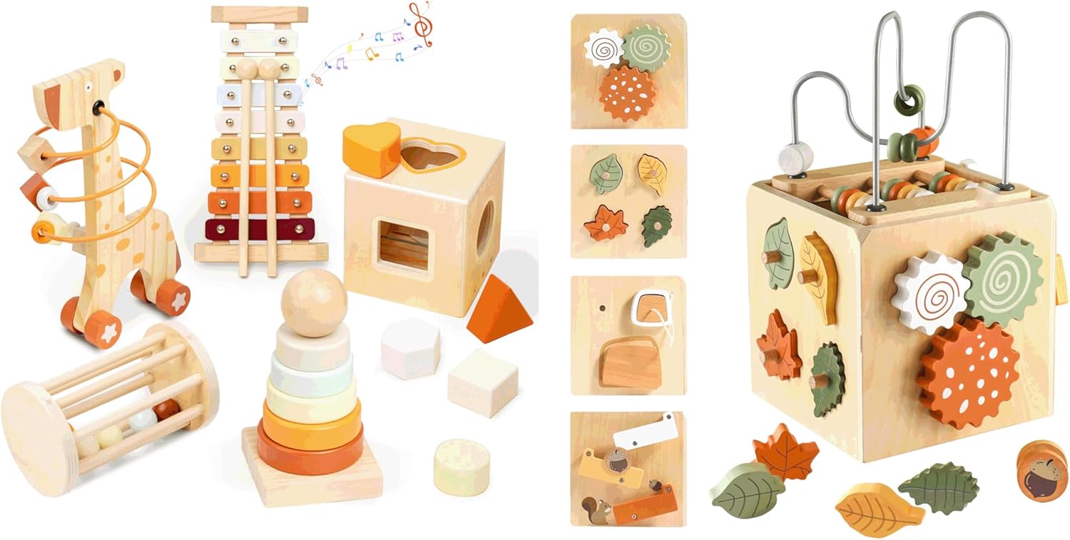 Wooden Montessori Toys Set & Activity Busy Cube for Toddlers 1-3