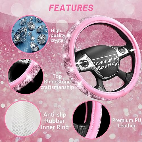 Miniatura 2 de Paquete de 27 accesorios brillantes para automóvil, funda para volante de mujer, ajuste universal de 15 pulgadas, marco de placa brillante, bordes