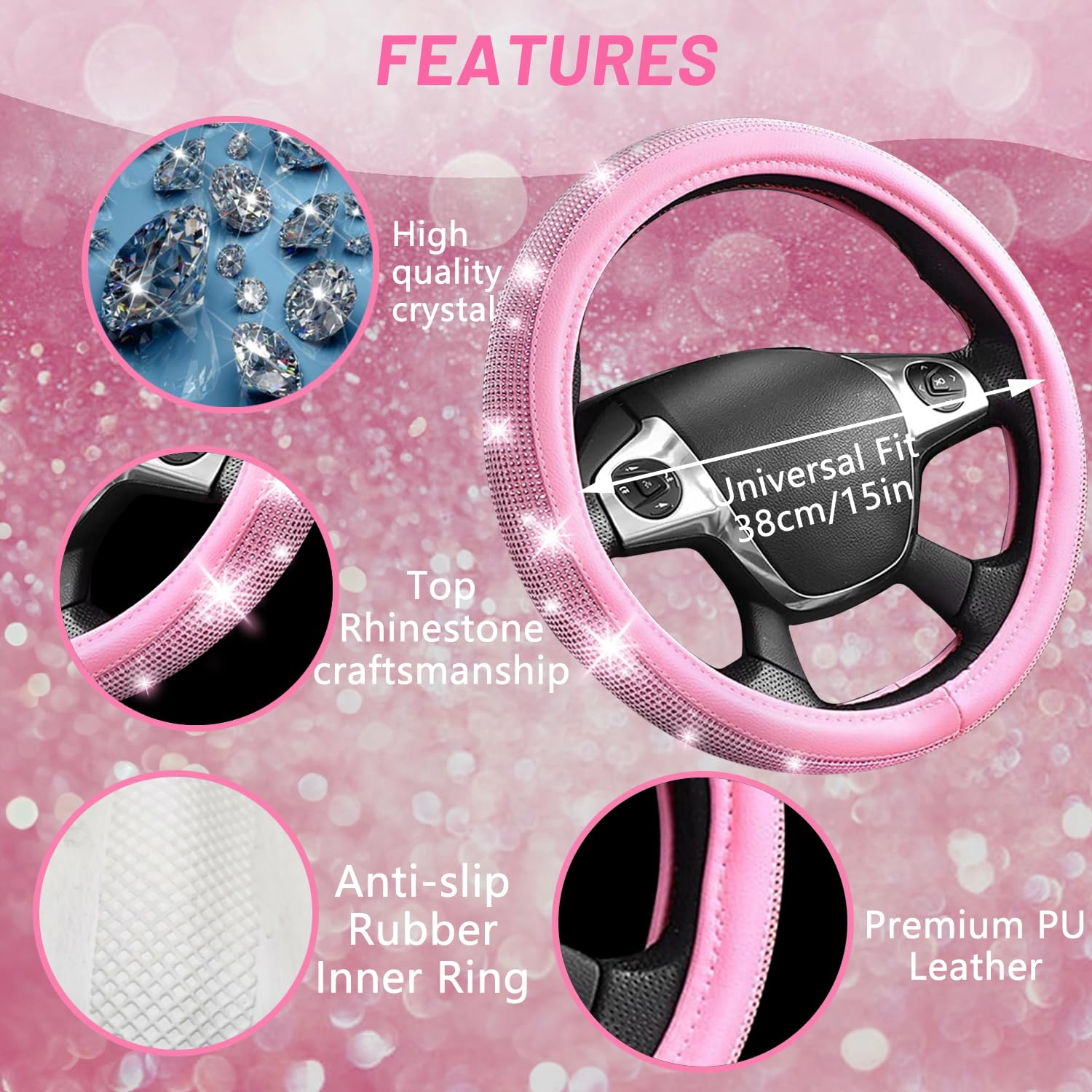 27 Pack Bling Car Accessories Set, Bling Steering Wheel Cover Women Universal Fit 15 Inch, Bling License Plate Frame, Bling Car Vent Outlet Trims, Bling USB Charger, Bling Car Phone Holder (Pink)