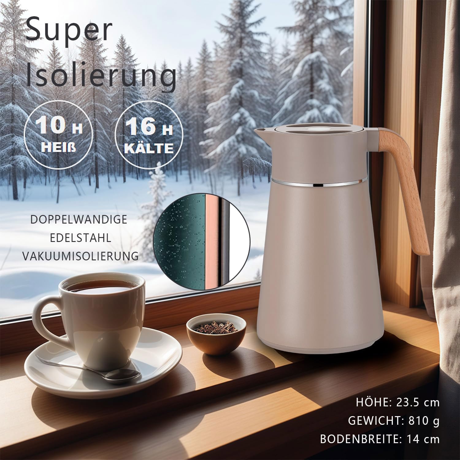 VETIN Termo con colador de té de 1,5 l de acero inoxidable 304, jarra térmica | A prueba de fugas, 10 h caliente y 16 h frío, para té, café y bebidas frías