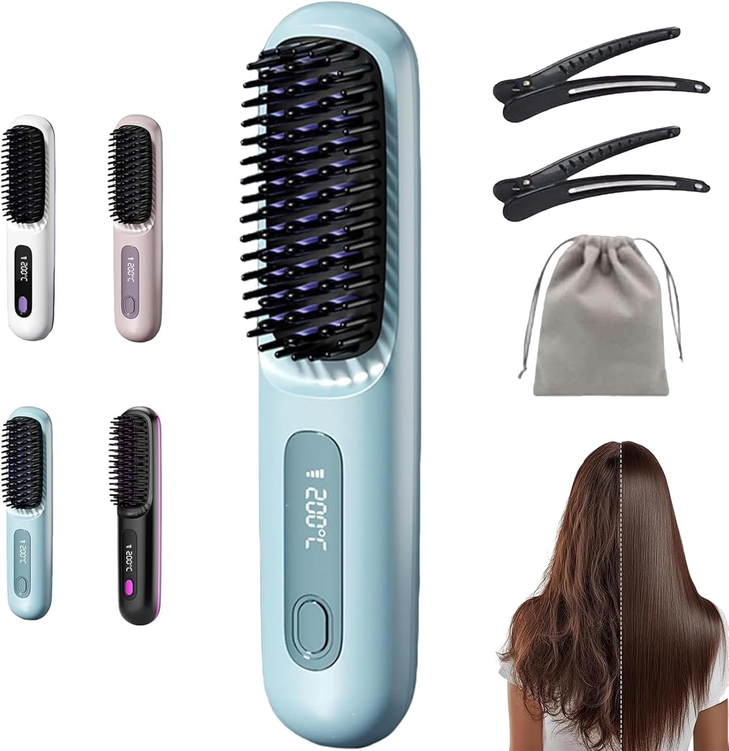 Go Brush Pro Canada, 2026 Upgraded Go Brush Pro for Short Hair, GoBrushPro Cordless Hair Straightener Brush (Blue)