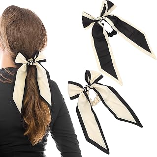 2PCS Knotted Bow Hair Scrunchies Elastic Scarf Black White Hair Ties with Bow Satin Scrunchies Bands Long Ribbon Scrunchy Ponytail Holder for Women and Girls