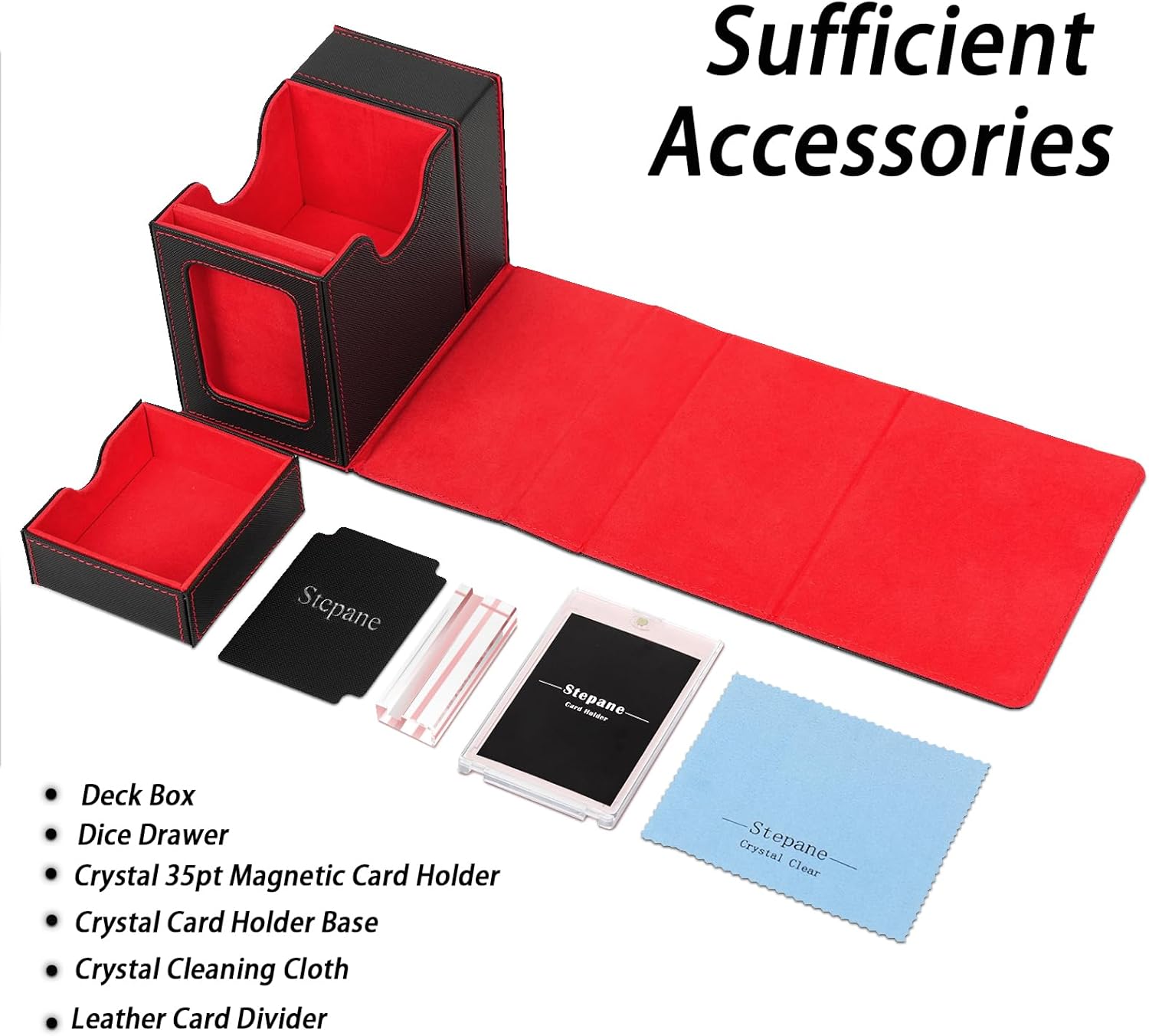 Commander Deck Box for MTG with Display Window,Card Storage Box Holds 100 Double-Sleeved Cards,Deck Case with 35PT Magnetic Card Holder,dice tower and tray for/TCG/PTCG (Black/Red)