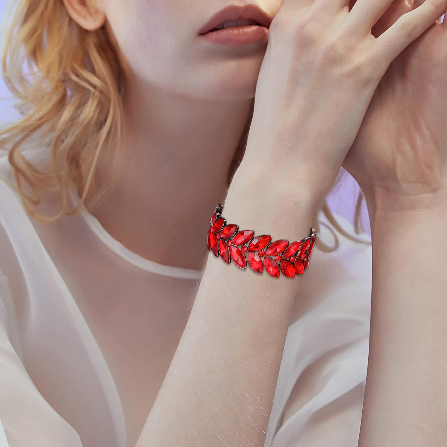 BriLove Women's Wedding Bridal Crystal Marquise Rhinestone Beaded Stretch Bangle Bracelet - Image 4