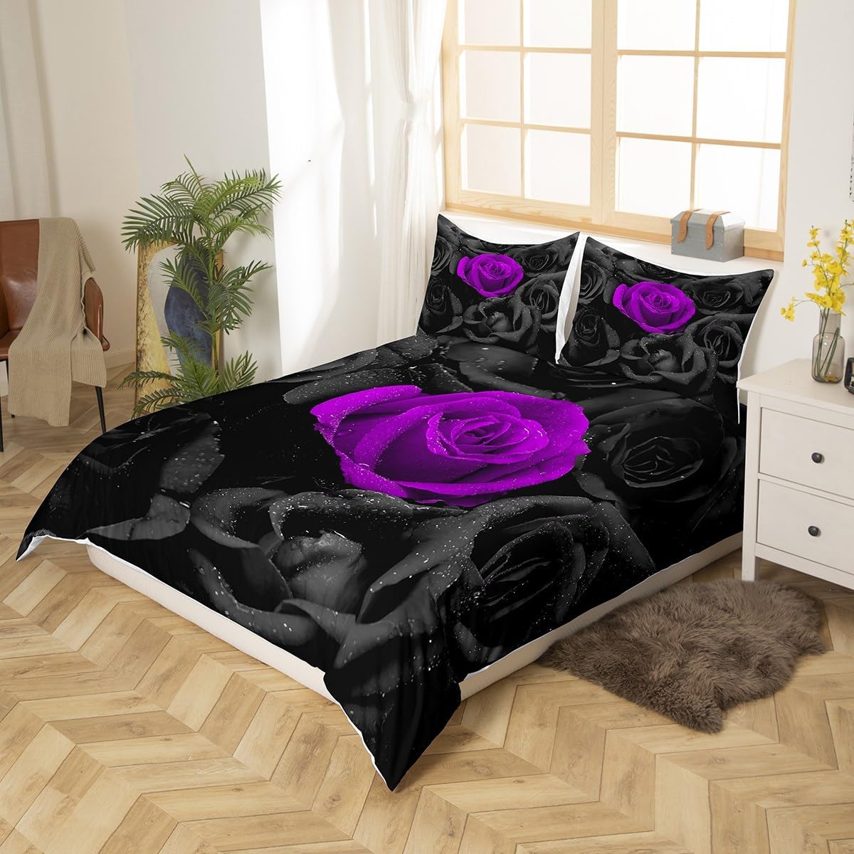 Feelyou Rose Bedding Set Black Purple Rose Floral Flower Comforter Cover Set Queen Size Garden Flower Duvet Cover Bedroom Decor Romantic Valentine's Day Bedspread Cover Bedding Collection 3Pcs