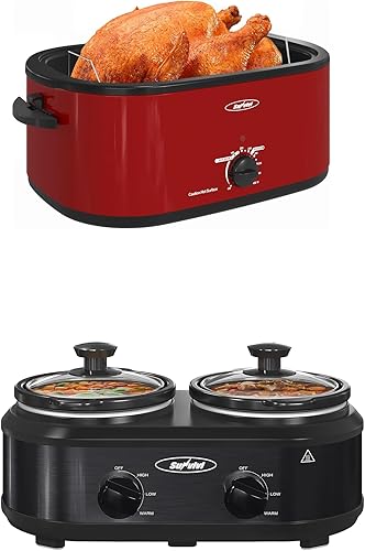 Sunvivi Horno asador y olla de cocción lenta, asador de pavo de 24 cuartos de galón con función única de descongelación/calor, rojo, mini servidor