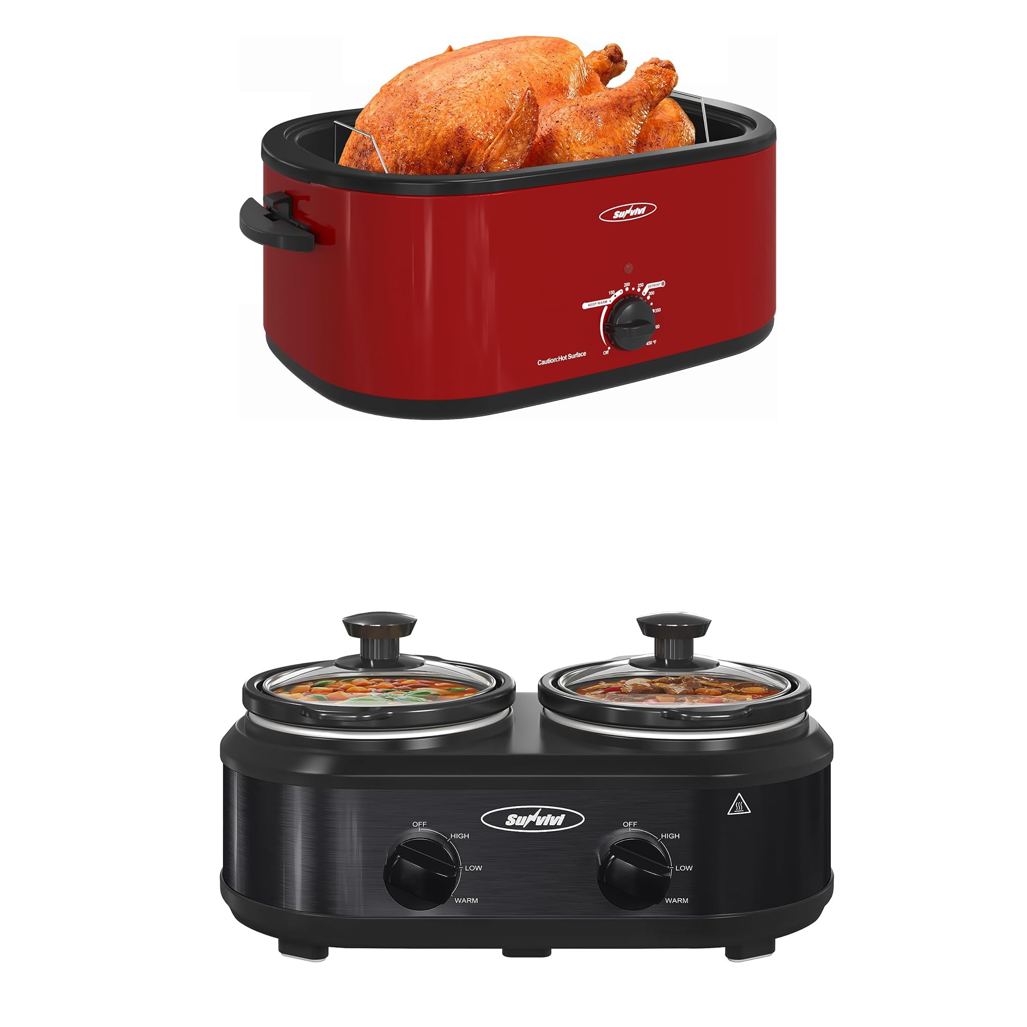 Sunvivi Roaster Oven and Slow Cooker Turkey Roaster 24 QT with Unique Defrost Warm Function Red 2 Pot