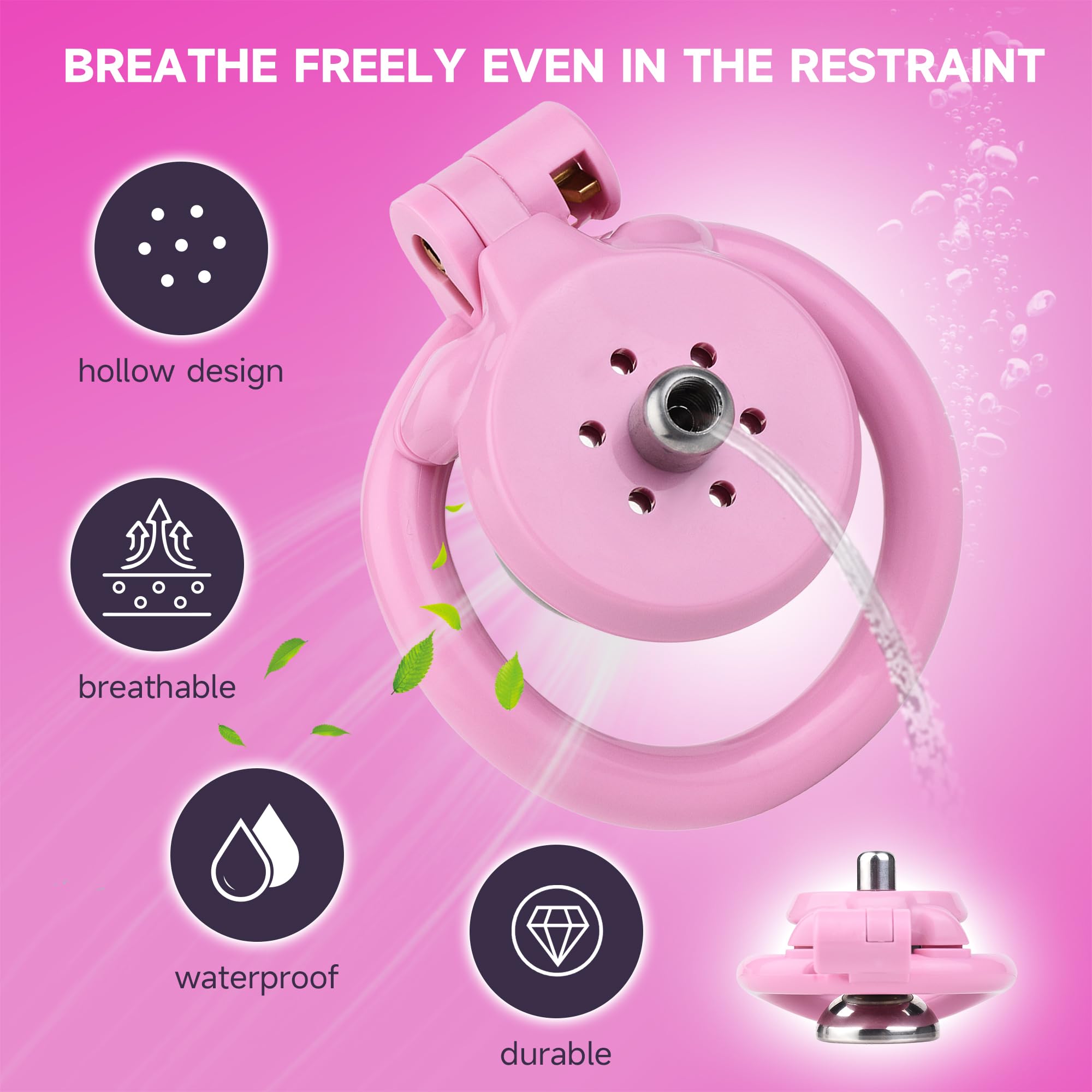 Flat Chastity Cage - Cock Cage, Male Chastity Devices with Urine Divertor, 2 Keys, and 4 Size Rings - Resin & Stainless Steel Pink Sissy BDSM Male Sex Toys (Pink, Original)