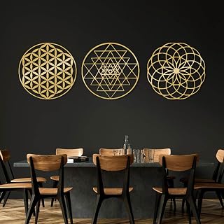 vinwipe Sacred Geometry Metal Wall Art Set, Metatrons Cube Wall Art, Sri Yantra Metal Wall Decor, Flower of Life, Yoga Meditation Wall Decor, Spiritual Gift (Gold, 19"x18"/47x46cm)