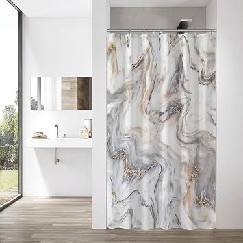 MitoVilla Small Stall Grey Gold Fabric Shower Curtain, 36 x 72 | Grey Gold Half Size Narrow Shower Curtains for Modern Abstract Bathroom Decor, 36 inch Fabric Shower Curtain Set