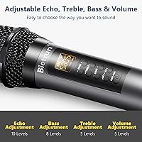Vista 3 de Micrófono inalámbrico Bietrun con eco/agudos/graves, rango UHF de 160 pies, sistema de micrófono dinámico de mano inalámbrico doble UHF para karaoke