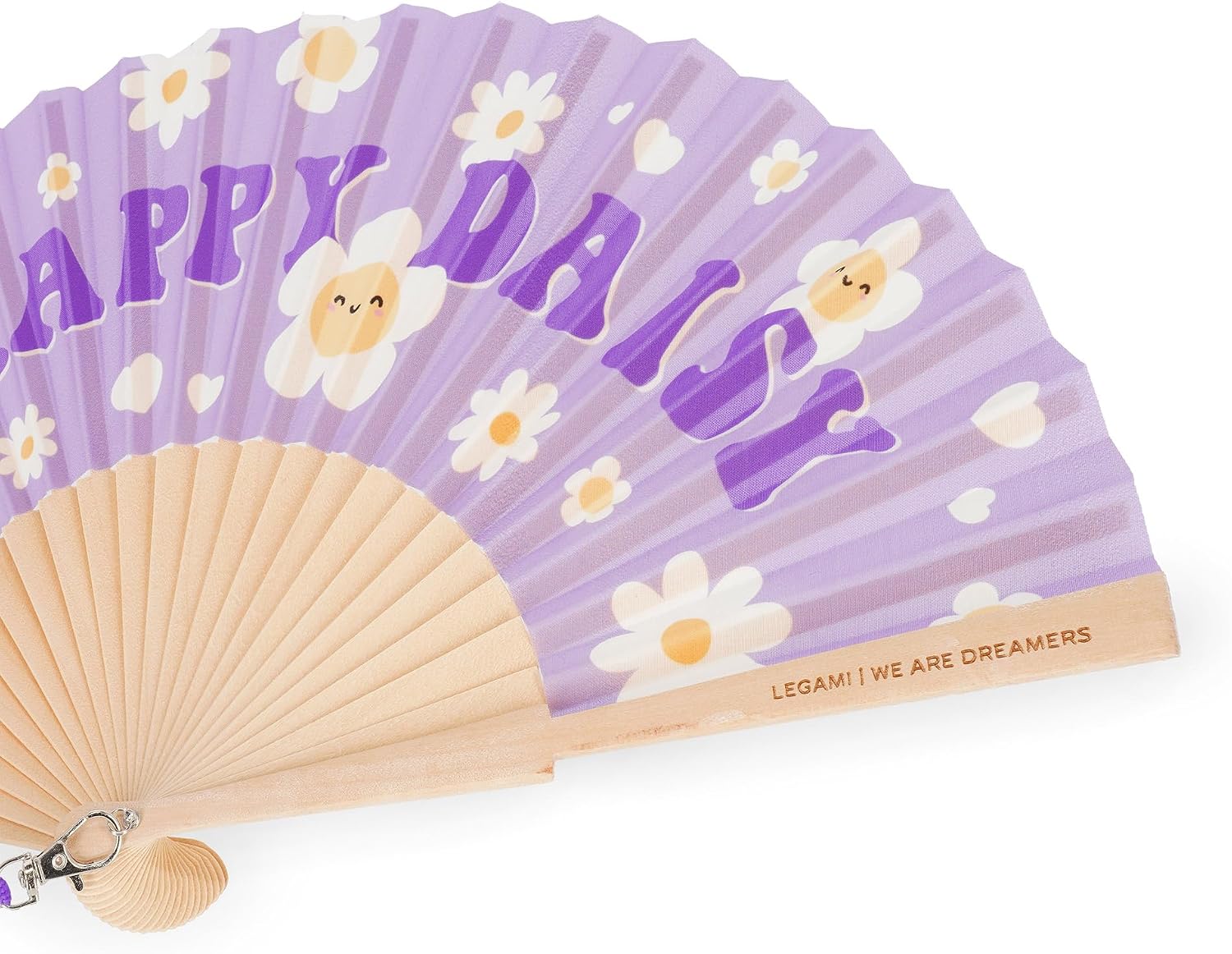 Legami - ¡Que Calor! Folding Fan, Daisy Theme, Matching Removable and Adjustable Lanyard, Polyester, Wooden Handle, 3.5 x 23 cm