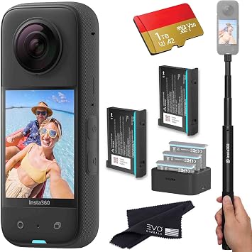 Insta360 X3 Battery Bundle- Waterproof 360 Action Camera Bundle Includes Extra 2 Batteries, Charger, Invisible Selfie Stick & 1TB Memory Card