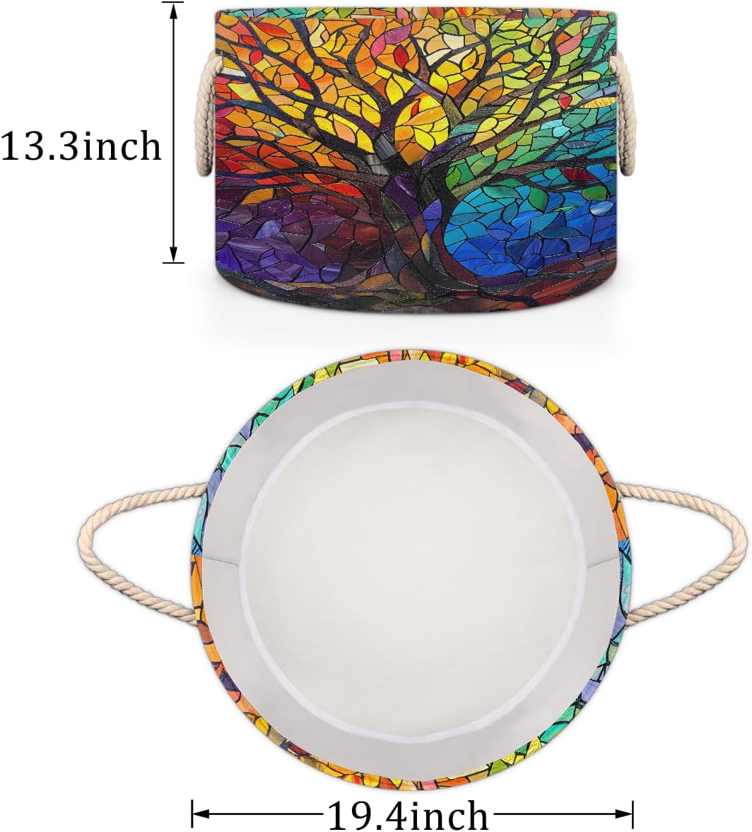 Large Round Laundry Basket Rainbow Tree Of Life Glass Toy Organizers and Storage for Girls Canvas Collapsible Blanket Storage Basket Laundry Hamper Gift Baskets Bedroom Clothes Children Nursery