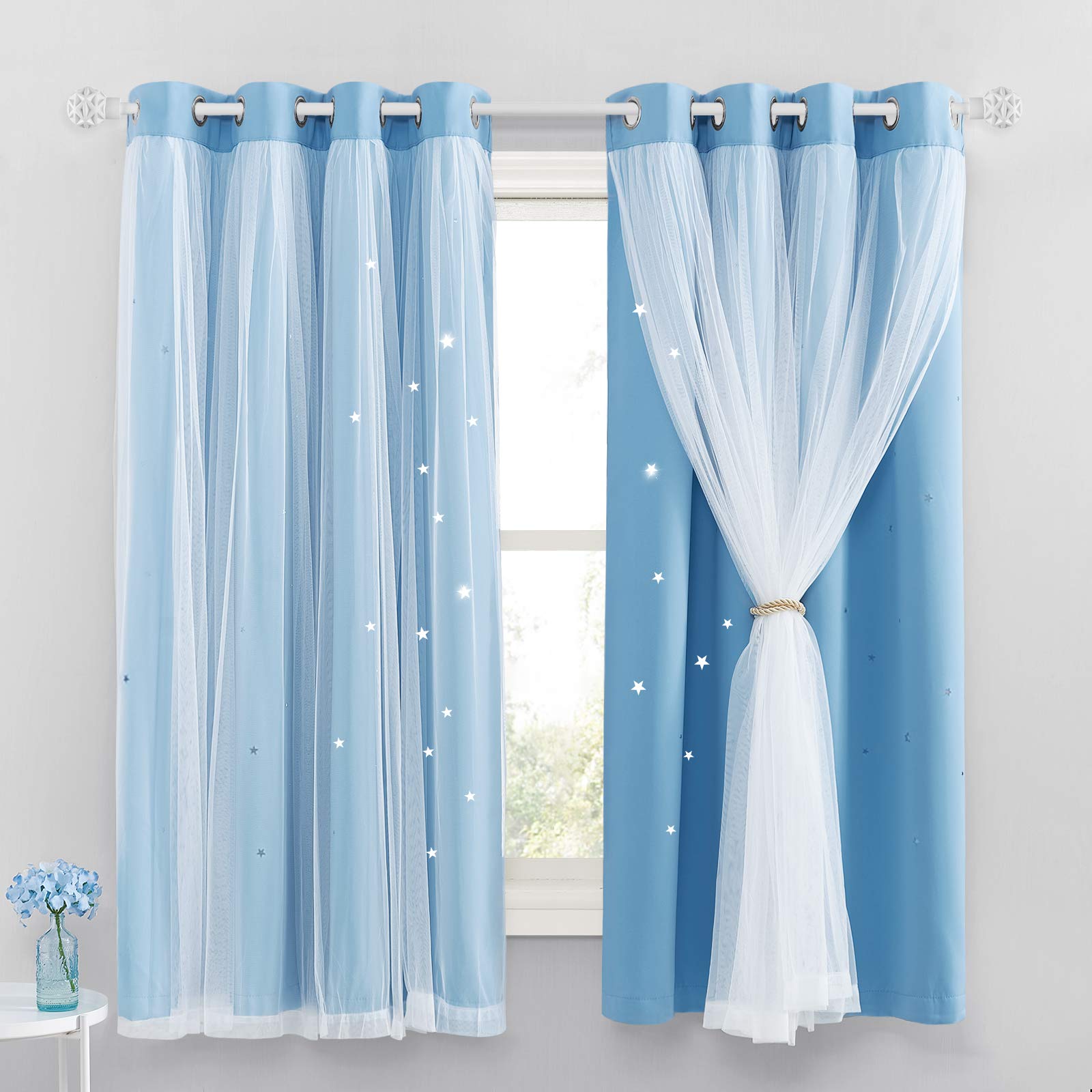 NICETOWN Net Thermal Blackout Curtains - Decorative Star Curtains with Eyelets for Kids Boy Bedroom Privacy Protected & Room Darken Nursery Window Drapes, Set of 2, W52×L63 Inch (132×160 cm) Blue